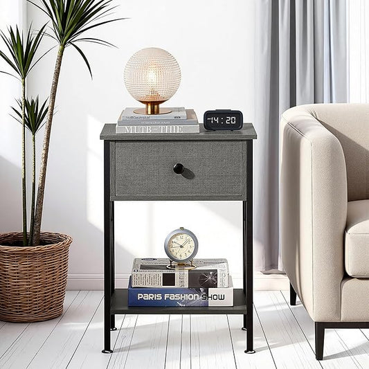 VECELO Nightstand,Modern Bedside End Tables, Night Stand with Drawer and Storage Shelf for Living Room Bedroom, Industrial Metal Frame