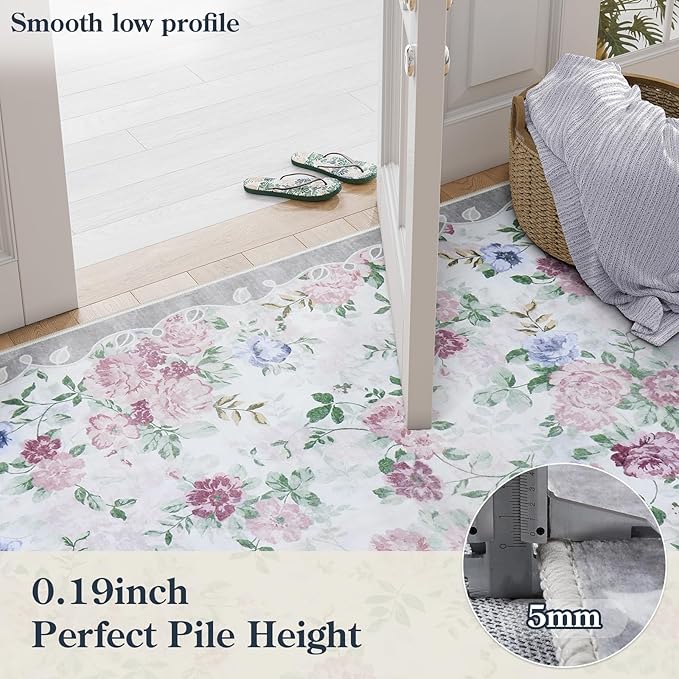Lahome Purple Floral 5x7 Area Rugs, Boho Rugs for Bedroom Girls,Vintage Living Room Rug Non Slip Low Pile Ultra-Thin Large Carpet for Farmhouse,Dining Room,Kids,Nursery Nina(5'X7',Purple/Grey)