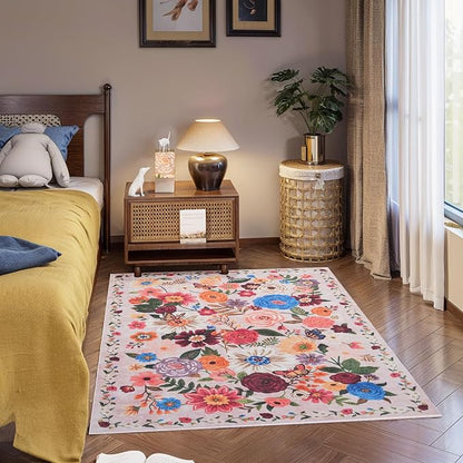 Pink Area Rug 4x6 Washable Boho Rugs Non Slip Low Pile Floral Small Carpet for Bedroom, Bedside, Kids Room, Office, Dining Room (Light Pink)