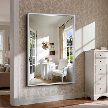 CIRCUMI 60"x40" Brushed Silver Mirror with Chunky Box Metal Frame, Bathroom Mirror for Vanity Remodel & New Home, Living Room, Entryway, Rectangular Wall Mirror, Tempered Glass, Vertical or Horizontal