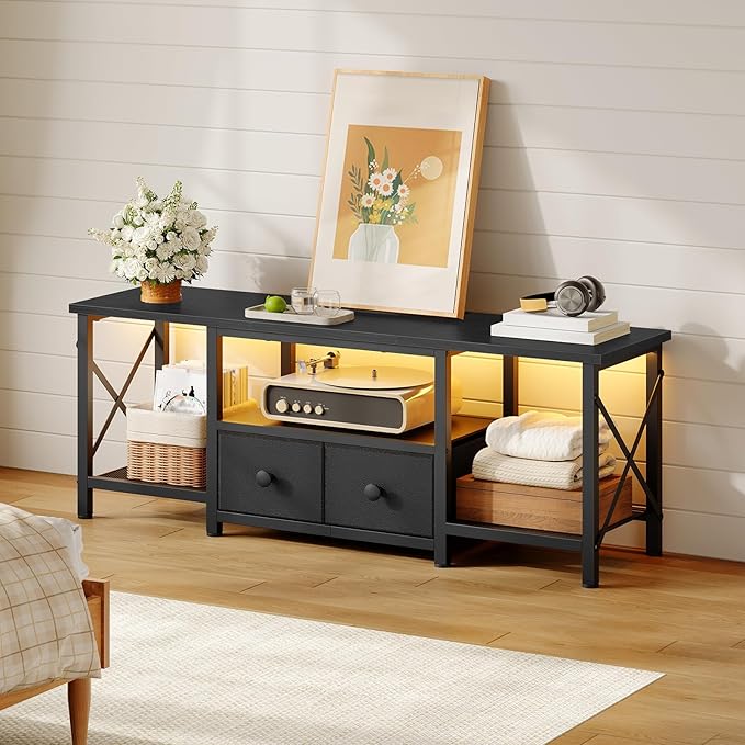 YATINEY Small TV Stand with LED Lights, Entertainment Center with 2 Fabric Drawers and Mesh Shelves, Media TV Console Table for TVs up to 50 Inches, for Living Room, Bedroom, Black DS11DBB
