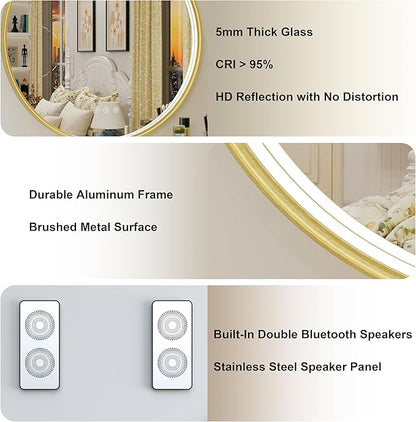36 Inch Round LED Bathroom Mirror with Bluetooth, 3 Color Temperatures (3000K/4500K/6000K), Anti-Fog, Adjustable Brightness, CRI 90+, Gold Frame Round Mirror with Light