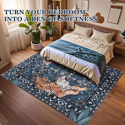 Tiger Washable Area Rugs 5x7Ft, Boho Jungle Living Room Rugs, Soft Botanical Animal Print Bedroom Nursery Area Floor Carpets for Dining Room Dorm Study Kids Playroom Farmhouse Office, Blue