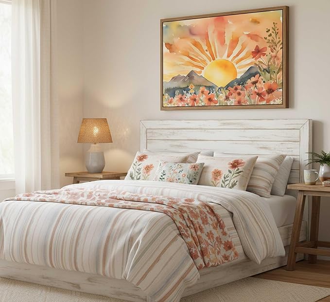 Framed Boho Sun Canvas Wall art Mid-Century Modern Abstract Bohemian Sunset in The Mountains Watercolor Wildflowers Sunrise Landscape Picture Wall Decor Poster Print Artwork for Living Room