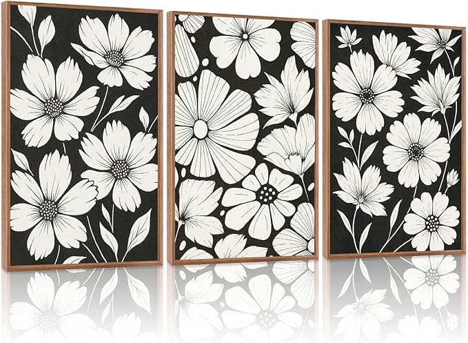 HLNIUC Vintage Floral Wall Art Canvas,Modern Black White Flower Artwork,Neutral Wildflower Wall Art Framed,Miinimalist Plant Painting,Retor Botanical Framed Decor for Living Room Bedroom Home-16x24x3