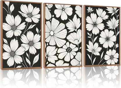 HLNIUC Vintage Floral Wall Art Canvas,Modern Black White Flower Artwork,Neutral Wildflower Wall Art Framed,Miinimalist Plant Painting,Retor Botanical Framed Decor for Living Room Bedroom Home-16x24x3