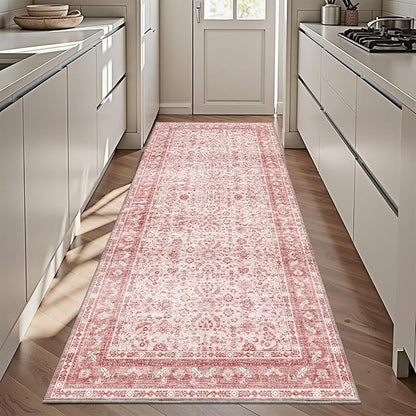 OPPODREAM Vintage Pink 3x6 Runner Rug, 3 x 6 Retro Washable Rug Non Slip, Low-Pile Faux Wool Carpet, Distressed Floor Mat for Kitchen, Hallway, Entry-Way, Entrance, Indoor Back Door