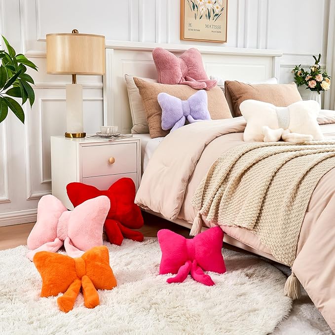 XVTRU Dusty Pink Bow Pillow, Soft Bow Decorative Pillows with Faux Rabbit Fur, Cute 12" Bow Throw Pillows, Aesthetic Home Decor Bow Shaped Plush Pillow for Bedroom Sofa Couch