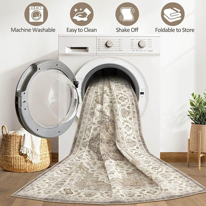 7x9 Area Rugs Living Room: Washable Boho Large Neutral Vintage Soft Rug Stain Resistant Farmhouse Non-Slip Indoor Floor Carpet for Bedroom Nursery Kids Playroom Office Dining Room Home- Brown Beige