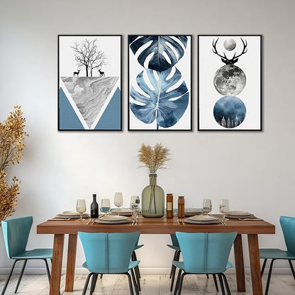 Boho Canvas Wall Art Set of 3 with Black Frame, Abstract Minimalismt Bohemian Deer & Tropical Leaf Pictures Prints Artwork Paintings Wall Decor for Bedroom Living Room Home Decoration 24x36 inches