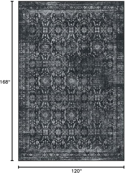 Rugxara 10x14 Area Rugs for Living Room Bedroom, Large Washable Rug, Black Vintage Floral Boho Rug, Non Slip & Low Pile Faux Wool Thin Carpet for Indoor Dining Room and Kids Room(Black 10x14ft)