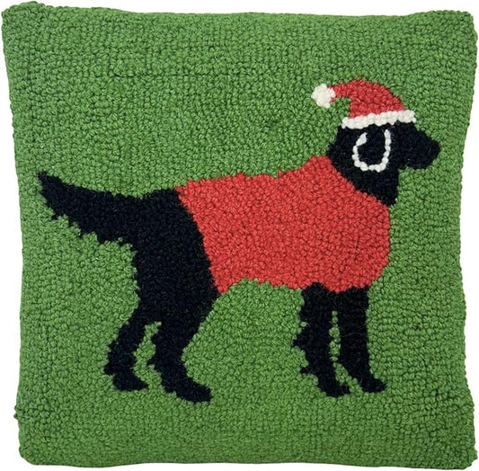Hand Hooked Christmas Pillow - 12X12 inches Throw Pillow for Couch or Dorm (Black Lab)