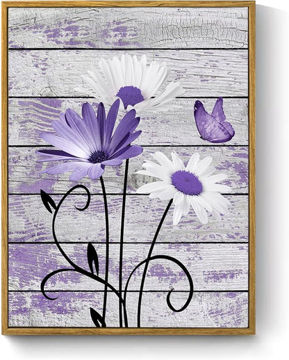 HVEST Farmhouse Purple Floral Framed Wall Art for Living Room, Daisy Butterfly on Rustic Wood Wall Art Nature Plant Flower Pictures for Bathroom Bedroom Office Apartment Decor, 17L X 12W inches