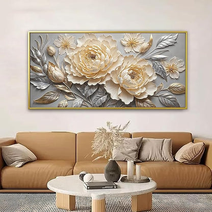 Large Canvas Art Wall Decor Print Silver White Flowers Wall Art Picture Modern Landscape Artwork Painting Gold Framed Wall Art For Living Room Bedroom Home Office Prints Artwork 29" X 58"