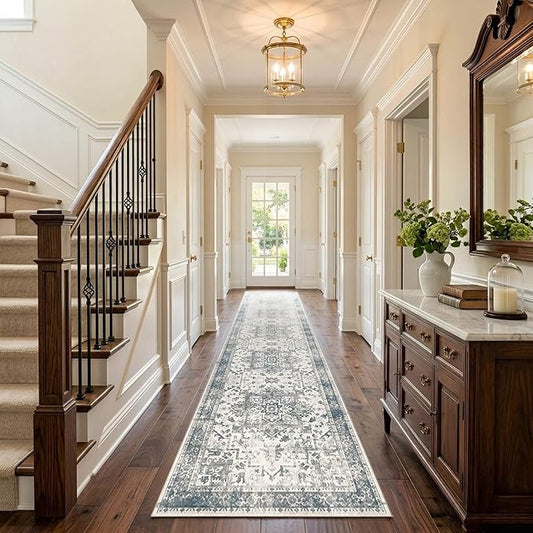 Rugxara 2x10 Washable Runner Rug, Non Slip Boho Runner Rugs for Hallway, Kitchen, Entrance, Bathroom, Laundry Room, Soft Ultra-Thin Entryway Carpet, Throw Low Pile Retro Imitation Carpet, Blue Grey