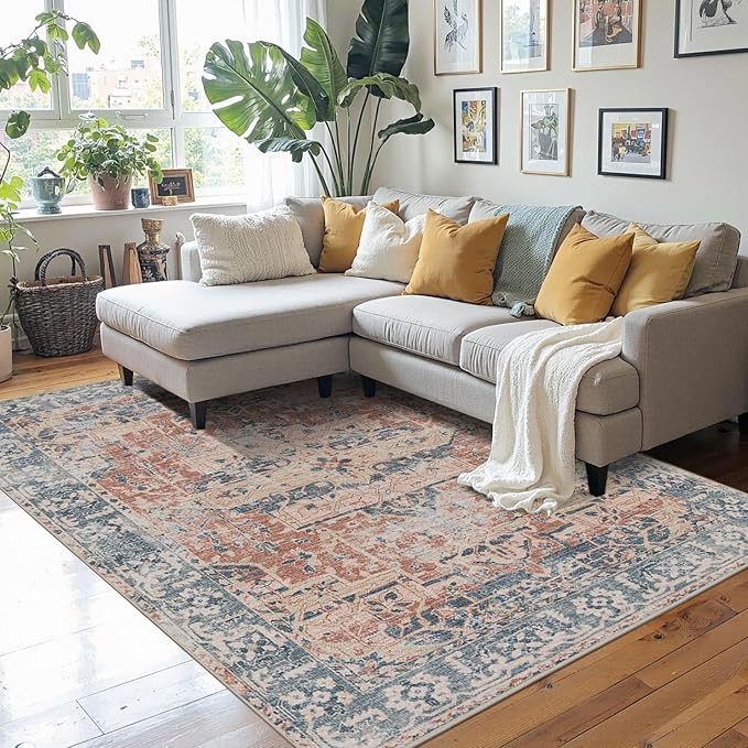 Rugxara 4x6 Rug for Living Room Bedroom, Washable Throw Rugs, Vintage Retro Boho Area Rug, Non Slip & Low Pile Accent Throw Carpet for Indoor Dining Room, Kids Room and Office(Coral Blue 4x6ft)