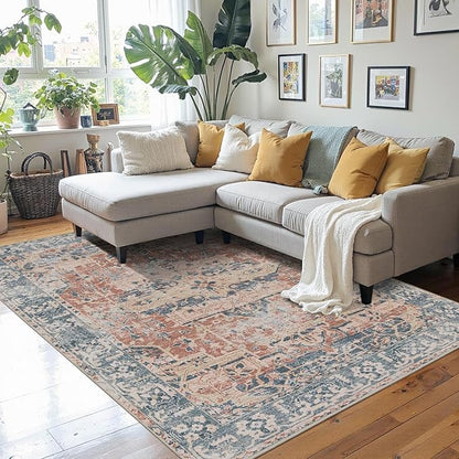 Rugxara 4x6 Rug for Living Room Bedroom, Washable Throw Rugs, Vintage Retro Boho Area Rug, Non Slip & Low Pile Accent Throw Carpet for Indoor Dining Room, Kids Room and Office(Coral Blue 4x6ft)