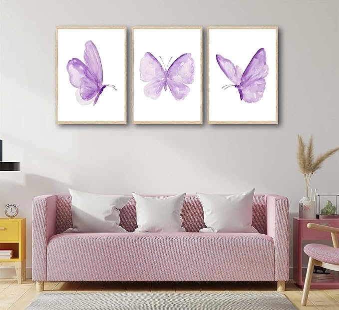 ZLYARTMP 3Pcs Butterfly Wall Art Purple Butterfly Posters Pictures Minimalist Cute Animal Prints Paintings Aesthetic Preppy Room Canvas for Girls Bedroom Nursery Home Wall Decor Gift Unframed