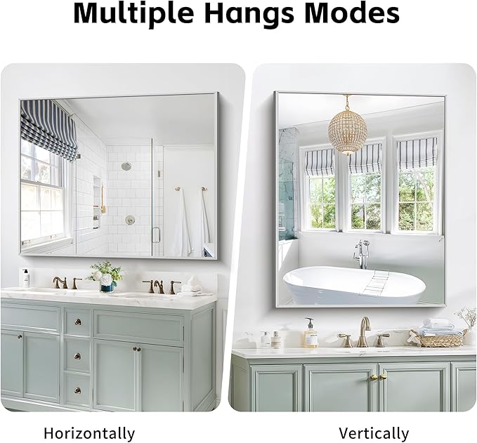 COFENY 40x48inch Silver Bathroom Mirror, Silver Rectangle Mirror with Frame, Large Rectangular Wall Mirrors for Bathroom, Living Room, Hair Salon, Big Farmhouse Mirror Hang Horizontal/Vertical