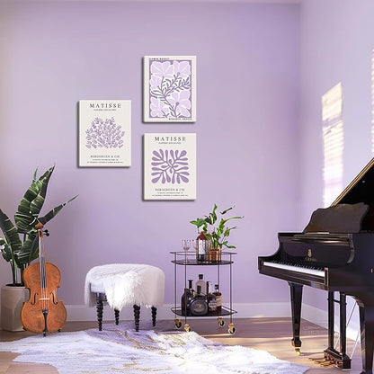 Framed Purple Matisse Wall Art Set of 3, Abstract Henri Matisse Canvas Wall Decor Paintings, Light Purple Flower Market Room Aesthetic Posters Prints for Living Room Bedroom Bathroom 12x16 In
