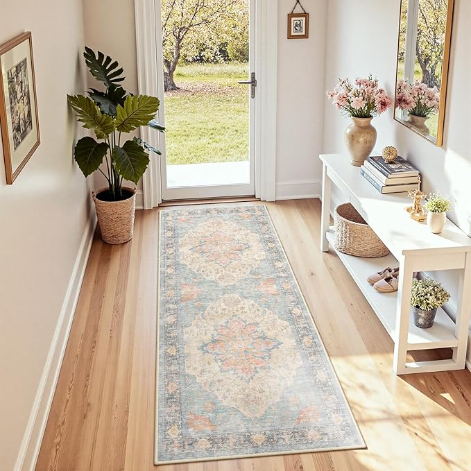 RELEANY Area Rugs 2'x8' Runner Rug Non Slip Washable for Kitchen Hallway Bedroom Beside Laundry Room Bathroom Rug, Floor Carpet, Blue Orange Red