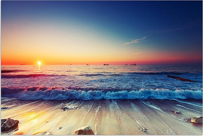 TutuBeer 1 Panel Beach Home Beach Decor Sea Wall Art for Home White Ocean Sea Sunrise with Deep Blue Sky Ocean Pictures Seascape Art for Wall Seascape Art 24" x 36" x 1 Piece