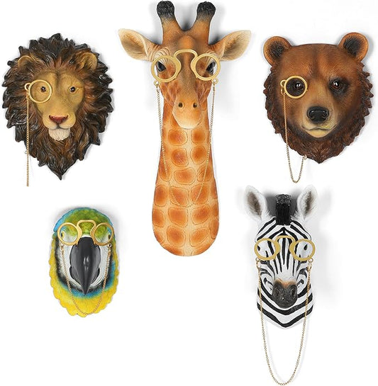 UITWMKTG 5 Pack Simulated Animal Head Wall Decor Colored Animal Sculptures Wall Mount 3D Wall Art Decoration for Home Bedroom Living Room Decor