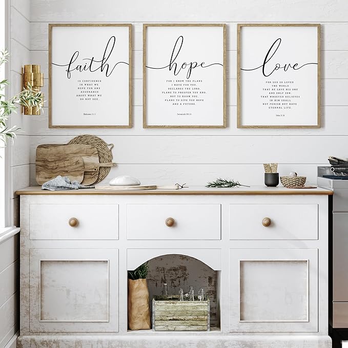 Houmury 3PCS Framed Faith Hope Love Bible Verses Wall Art Farmhouse Religious Quotes Wall Decor Inspirational Wall Art (Brown, 16"x24")