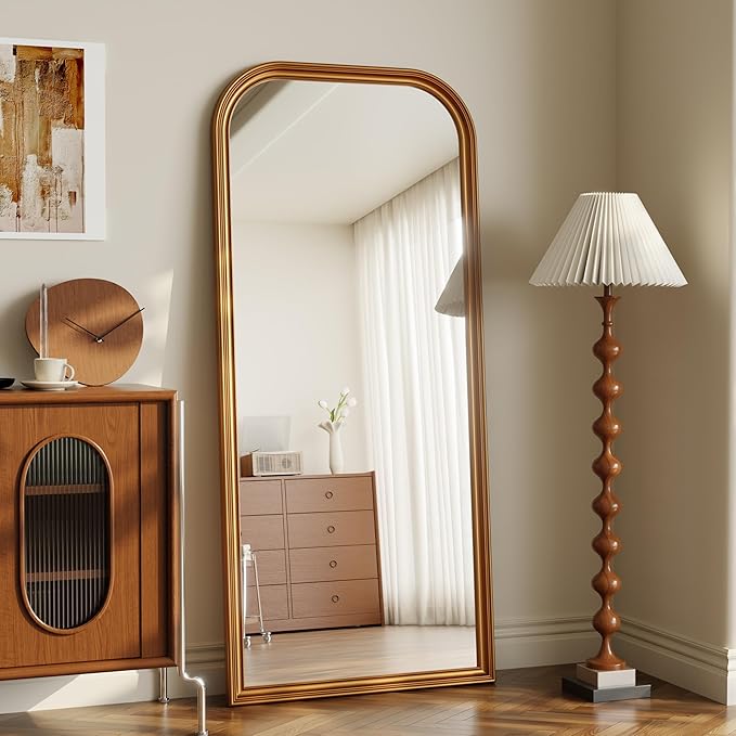 28"×69" Rounded Top Large Full Length Mirror, Arched Vintage Floor Stangding Body Mirror - PU Frame, Wall Mounted Hanging Leaning Antique Decor for Dressing Room, Entryway, Bedroom, Gold