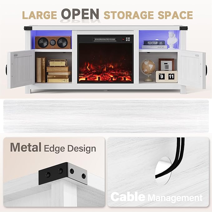 Furmax LED Entertainment Center with Fireplace, Fireplace TV Stand with Storage Cabinets and 2 Open Shelves, Modern Media TV Console for Living Room (White)