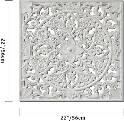 XIAOAIKA Boho Carved Wood Wall Sculpture, Intricate Floral Mandala Design with Distressed White Finish, Vintage Farmhouse Wall Art Panel with Solid Wood Frame for Bedroom Entryway (22" x 22")