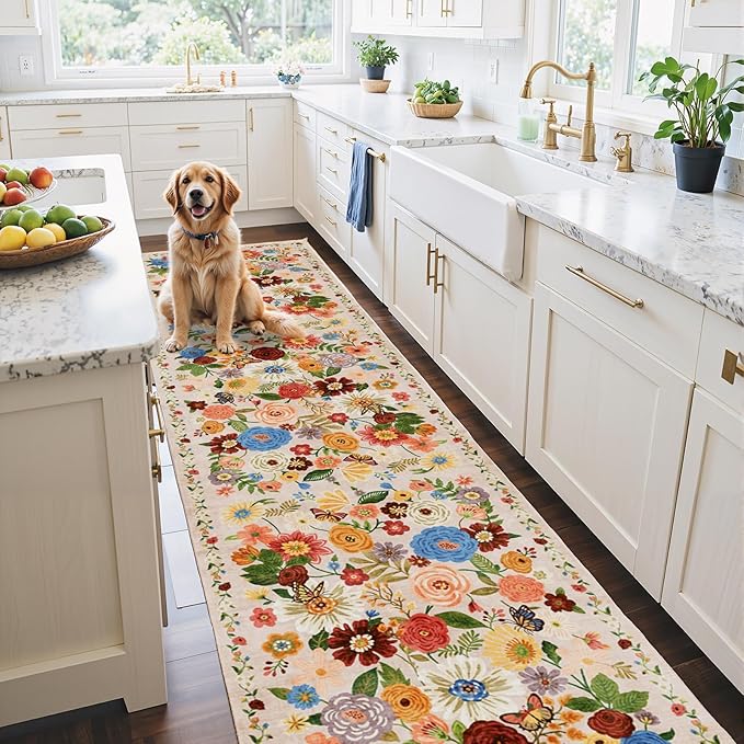 Rug for Hallways Kitchen Rug 2'6" x 14', Non Slip Washable Rugs with Rubber Backing Soft Floral Carpet Runner for Hallways, Kitchen, Laundry, Bedroom, Bathroom, Beige Garden