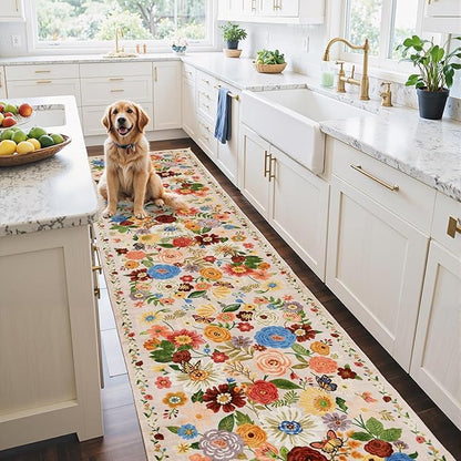 Rug for Hallways Kitchen Rug 2'6" x 14', Non Slip Washable Rugs with Rubber Backing Soft Floral Carpet Runner for Hallways, Kitchen, Laundry, Bedroom, Bathroom, Beige Garden