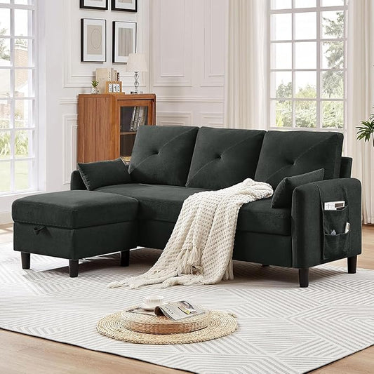 Convertible Sectional Sofa, 77" Small L Shaped 3 Seat Couch with Reversible Storage Chaise, Modern Polyester Fabric Sofa Couches for Living Room, Apartment and Small Space, Black