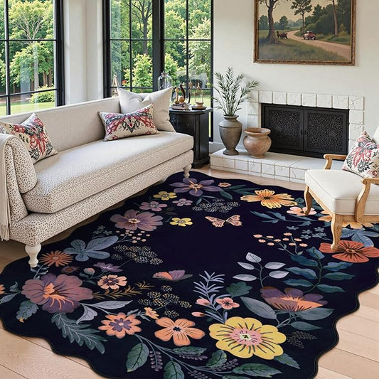 Lahome Floral Washable Rugs for Living Room, 5x7 Area Rugs Ultra-Thin Soft Rug, Non-Slip Bedroom Rug Stain Resistant Boho Low-Pile Throw Carpet for ‎Dining Room Office Flore (5x7ft,Purple)