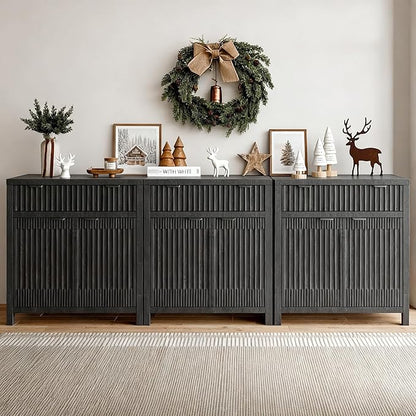 Fatmok Fluted Buffet Cabinet with Storage Set of 3, 34" Tall Modern Arched Sideboard Cabinet w/AdjustableShelves,Wooden Modular Coffee Bar for Kitchen, Living Room, Entryway, Black