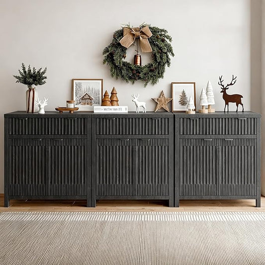 Fatmok Fluted Buffet Cabinet with Storage Set of 3, 34" Tall Modern Arched Sideboard Cabinet w/AdjustableShelves,Wooden Modular Coffee Bar for Kitchen, Living Room, Entryway, Black
