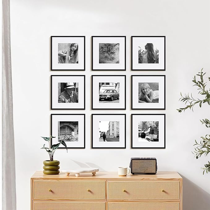 eletecpro Gallery Wall Frame Set of 3, 12x12 Inch Square Black Frames with 8x8 Mat, Scratch-Resistant Finish for Modern Home Decor