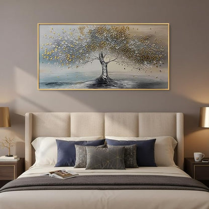Large Gold Framed Tree of Life Wall Art for Living Room, Modern Abstract Blue Golden Tree Canvas Painting Prints, Luxury Artwork for Bedroom Hallway Kitchen Dining Room Office Wall Decor, 60x30 Inch