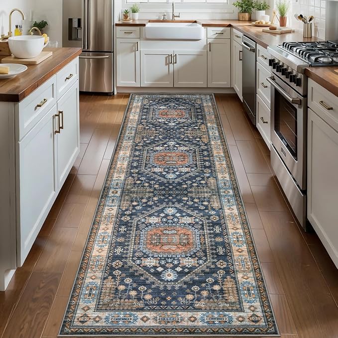 Tangsoo 2.6x10 Washable Runner Rug for Hallways,Vintage Non-Slip Kitchen Runner Rugs Non-Slip Boho Soft Low Pile Long Rug Runner for Bedroom Entryway Laundry Bathroom Living Room Blue Orange