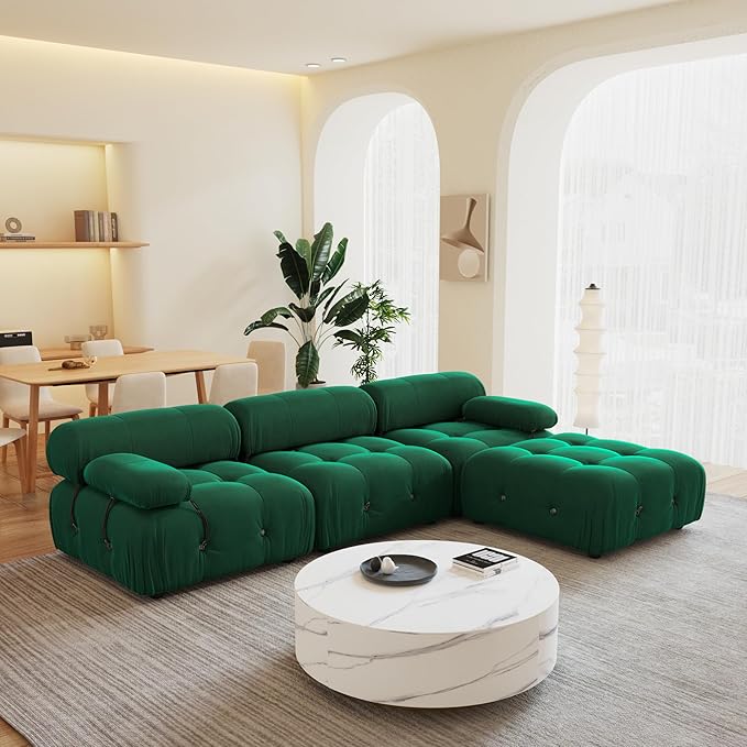 104'' Modular Green Sectional Couch, L-Shaped Velvet Bubble Couch with Reversible Chaise Ottoman, Modern Sectional Couches for Living Room, Apartment (3 Seats, 1 Ottoman, Green)