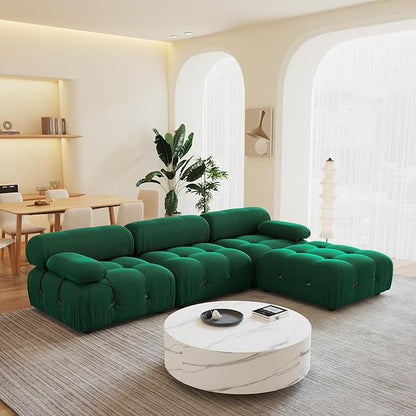 104'' Modular Green Sectional Couch, L-Shaped Velvet Bubble Couch with Reversible Chaise Ottoman, Modern Sectional Couches for Living Room, Apartment (3 Seats, 1 Ottoman, Green)
