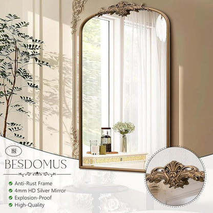 Besdomus Vintage Gold Arched Mirror: 24"x42" French Large Arch Gold Antique Wall Mounted Mirror - Traditional Ornate Home Decor for Entryway/Fireplace/Bathroom - Idea for High-Income Homemakers