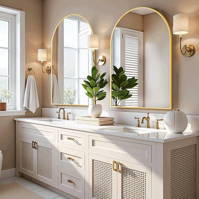 Arched Bathroom Mirror for Wall, 38" x 26" Gold Metal Frame Vanity Mirror, HD Glass Over Sink for Bathroom, Entryway, Bedroom