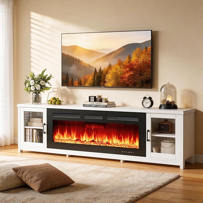 oneinmil 80" Fireplace TV Stand, 50 Inch Smart Fireplace & Modern Entertainment Center, Fire Place TV Console with WI-FI Enabled for TVs Up to 90", TV Stands for Living Room, White