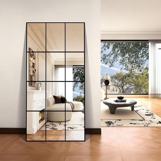 YIROMAN Window Pane Mirror, 30x60 Inch Black Rectangular Decorative Wall Mirror, Large Window Metal Framed Mirrors for Bedroom Living Room Fireplace Entryway, Hanging or Leaning Against Wall
