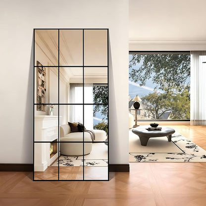 YIROMAN Window Pane Mirror, 30x60 Inch Black Rectangular Decorative Wall Mirror, Large Window Metal Framed Mirrors for Bedroom Living Room Fireplace Entryway, Hanging or Leaning Against Wall