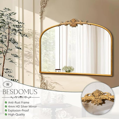 Besdomus Antique Arched Gold Mirror: 32"x24" French Large Gleaming Gold Antique Wall Mounted Mirror - Baroque Traditional Ornate for Fireplace/Bathroom/Bedroom - Wall Decor for Homemakers