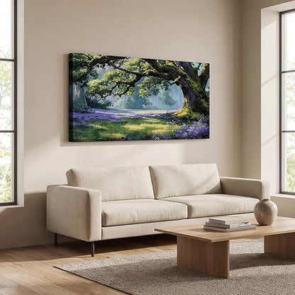 Ardemy Giant Tree Forest Canvas Wall Art 40"x20" Picture – Sunlit Landscape with Purple Wildflowers, Large Green Nature Painting for Living Room Bedroom Home Office Decor