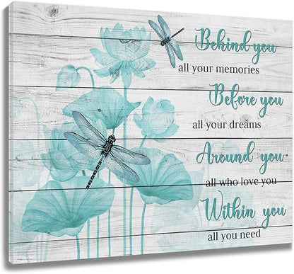 LB Farmhouse Floral Inspirational Wall Art Vintage Watercolor Teal Flower with Dragonfly Canvas Wall Art Modern Motivational Wall Decor for Bedroom Bathroom Living Room Framed Ready to Hang 12L x 12W